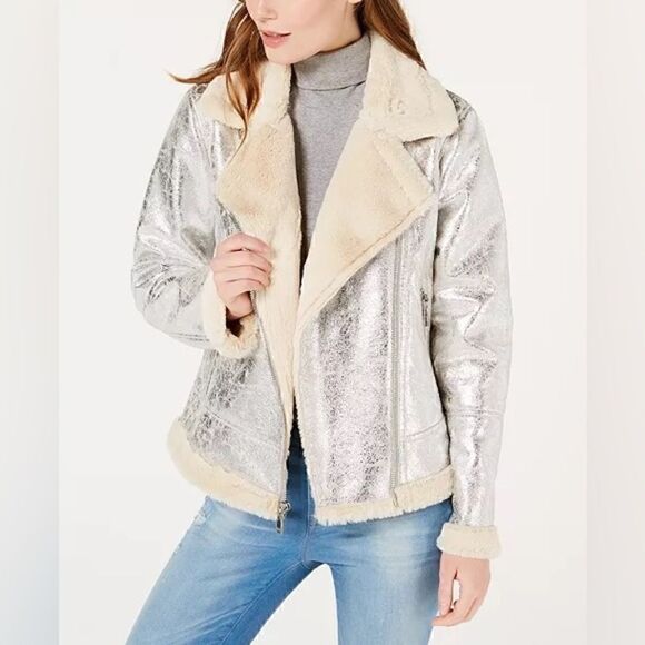 Tommy Hilfiger Metallic Silver Faux Cracked Leather Shearling Coat Jacket - Picture 6 of 7